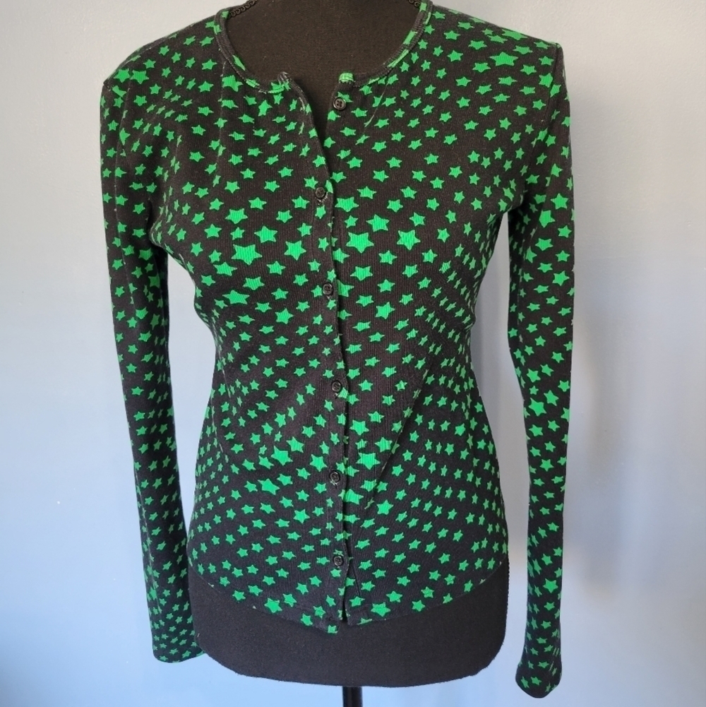🌟 Pam & Gela Navy Cardigan with Green Star Print, Sz. S 🌟